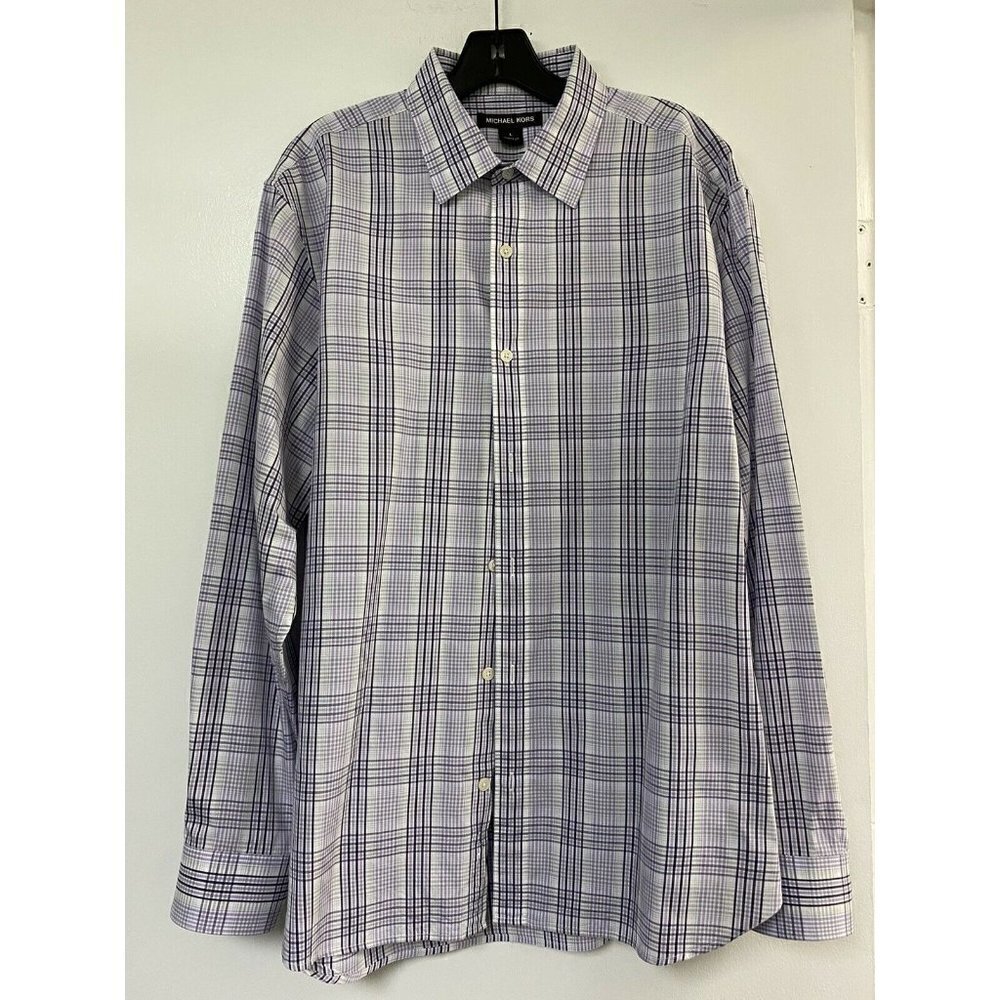 Michael Kors Men's Purple Gray Check Plaid Dress Shirt, Size L
